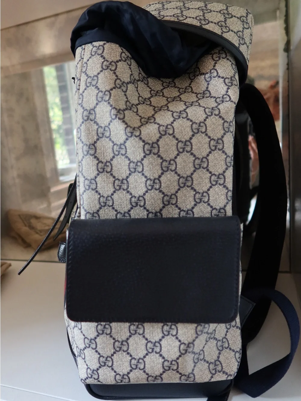 Gucci Beige GG Canvas Backpack with Red & Blue Web Stripe